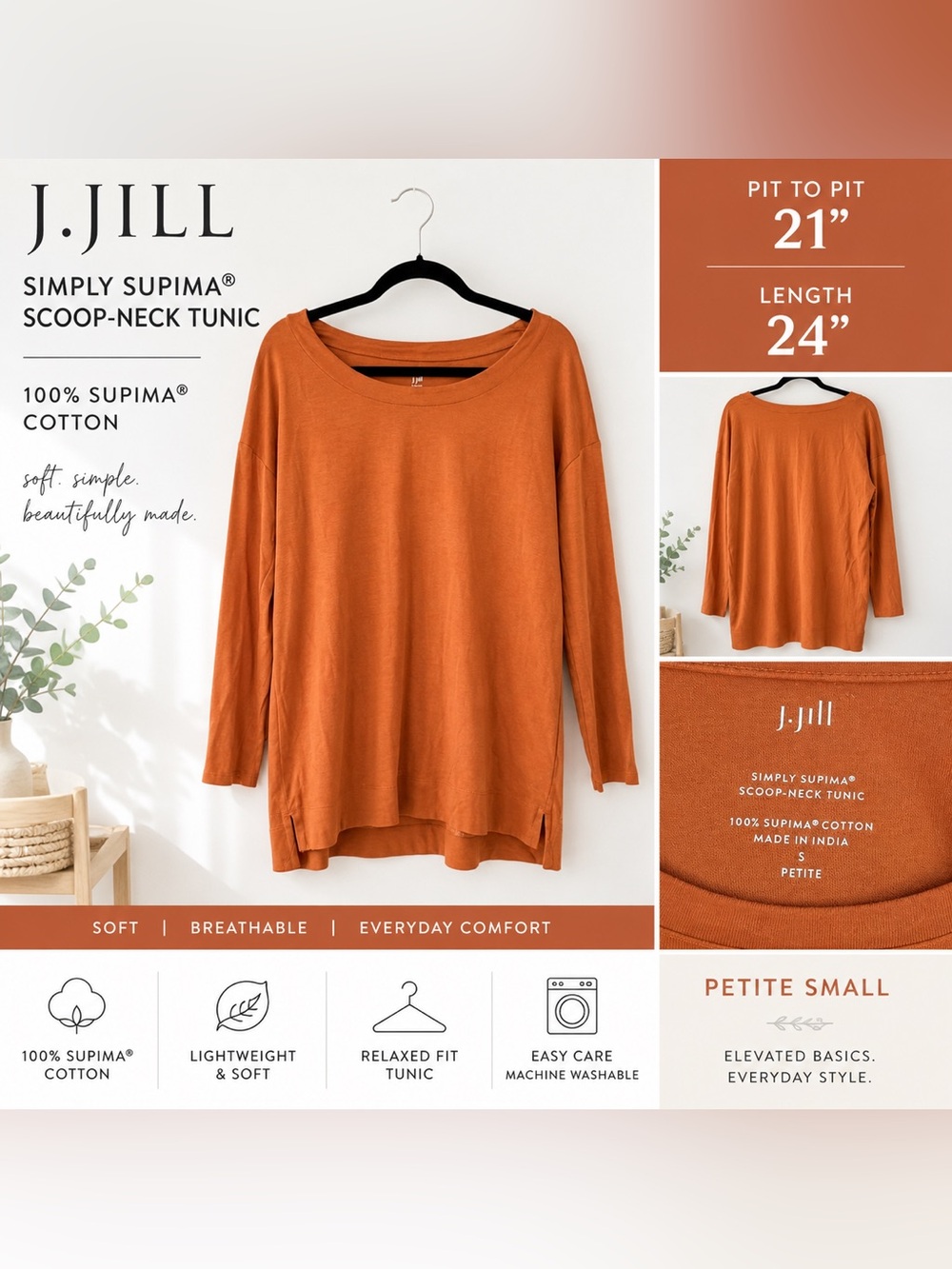J. Jill Simply Supima Scoop Neck Tunic Top | Rust Orange Long Sleeve Tee Size S
